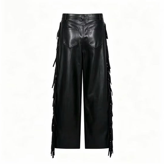 Damen weite Kunstlederhose mit seitlichem Fransenbesatz und hoher Taille Nord Taschen