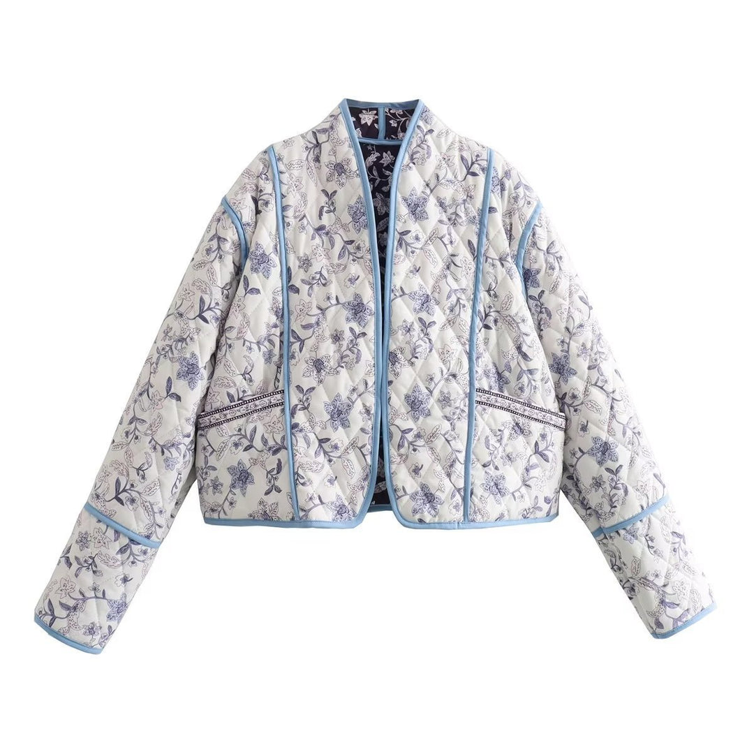 Damen Gestepptes Cropped-Steppjacke mit floralem Allovermuster und kontrastierender Paspelierung Nord Taschen