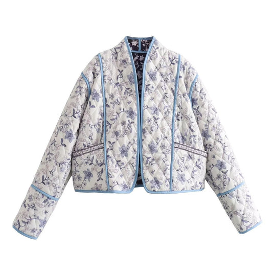 Damen Gestepptes Cropped-Steppjacke mit floralem Allovermuster und kontrastierender Paspelierung Nord Taschen