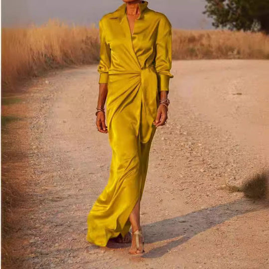 Damen Elegantes Wickel-Maxi-Kleid mit vielseitigem Kragen und seitlichem Schlitz