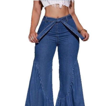 Damen Hochtaillierte Denim-Palazzo-Jeans mit überlappendem V-Bund, weitem Schlag und Frontschlitz Nord Taschen