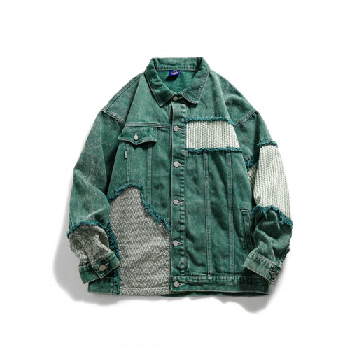 Unisex Oversize Jeansjacke mit Patchwork-Strickeinsätzen und Used-Optik Nord Taschen