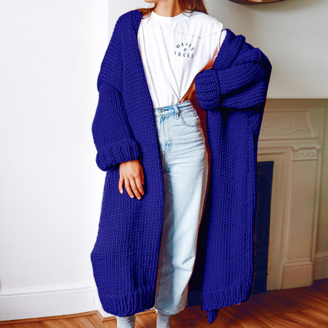 Damen Oversize Maxi Grobstrick-Cardigan mit offener Front und voluminösen Ärmeln Nord Taschen