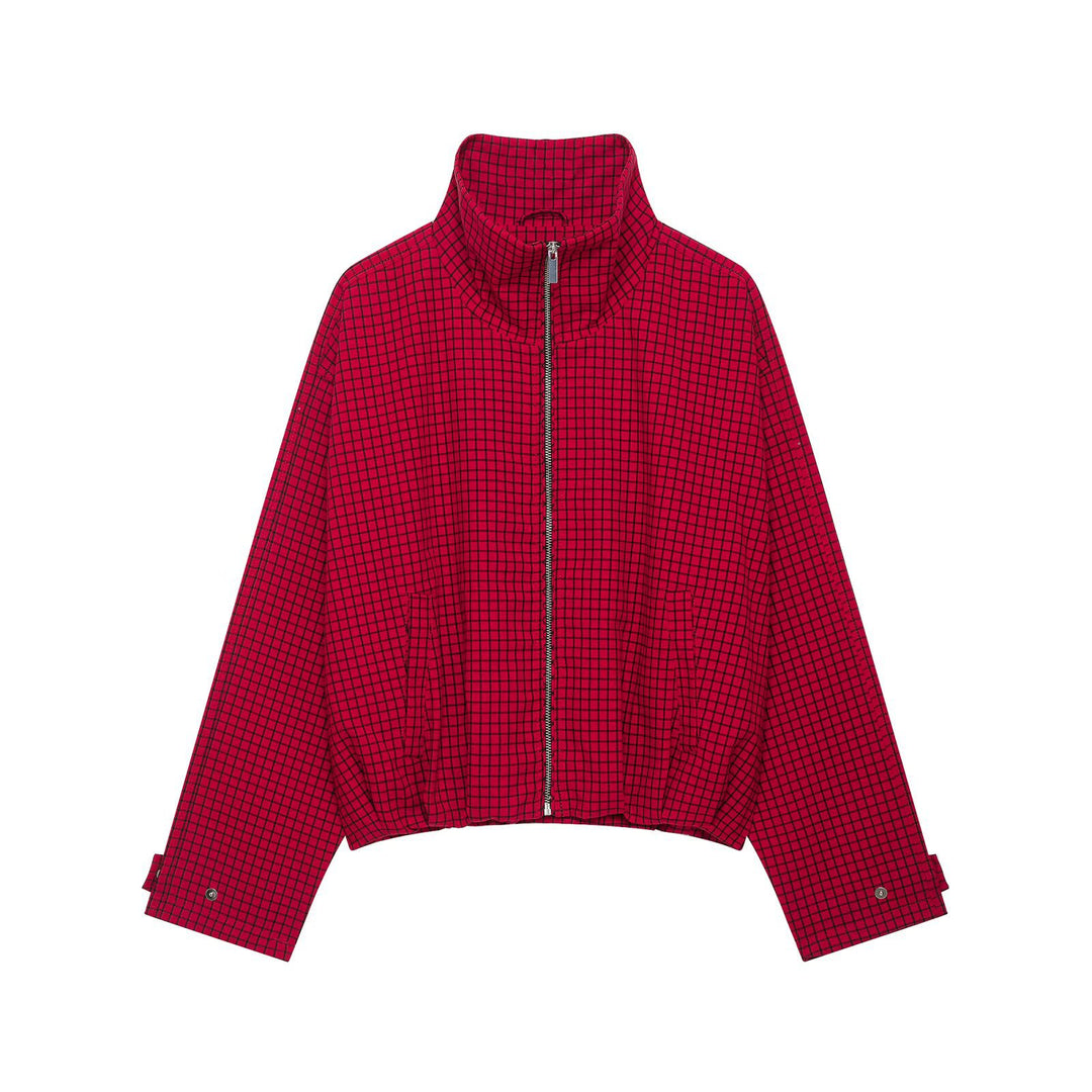 Damen Karierte Cropped-Boxy-Übergangsjacke mit hohem Stehkragen und Reißverschluss Nord Taschen