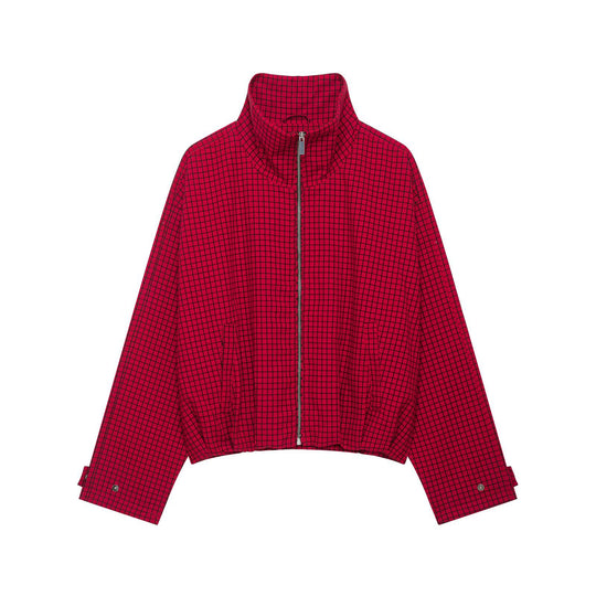 Damen Karierte Cropped-Boxy-Übergangsjacke mit hohem Stehkragen und Reißverschluss Nord Taschen
