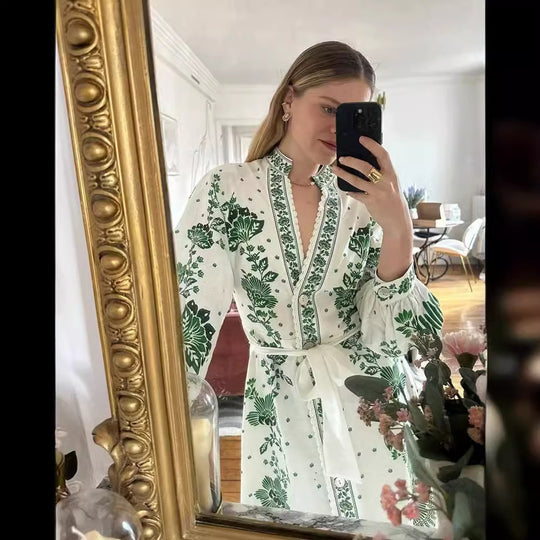 Damen Maxi-Kleid im Boho-Hemdstil mit Stehkragen und durchgehender Knopfleiste Nord Taschen