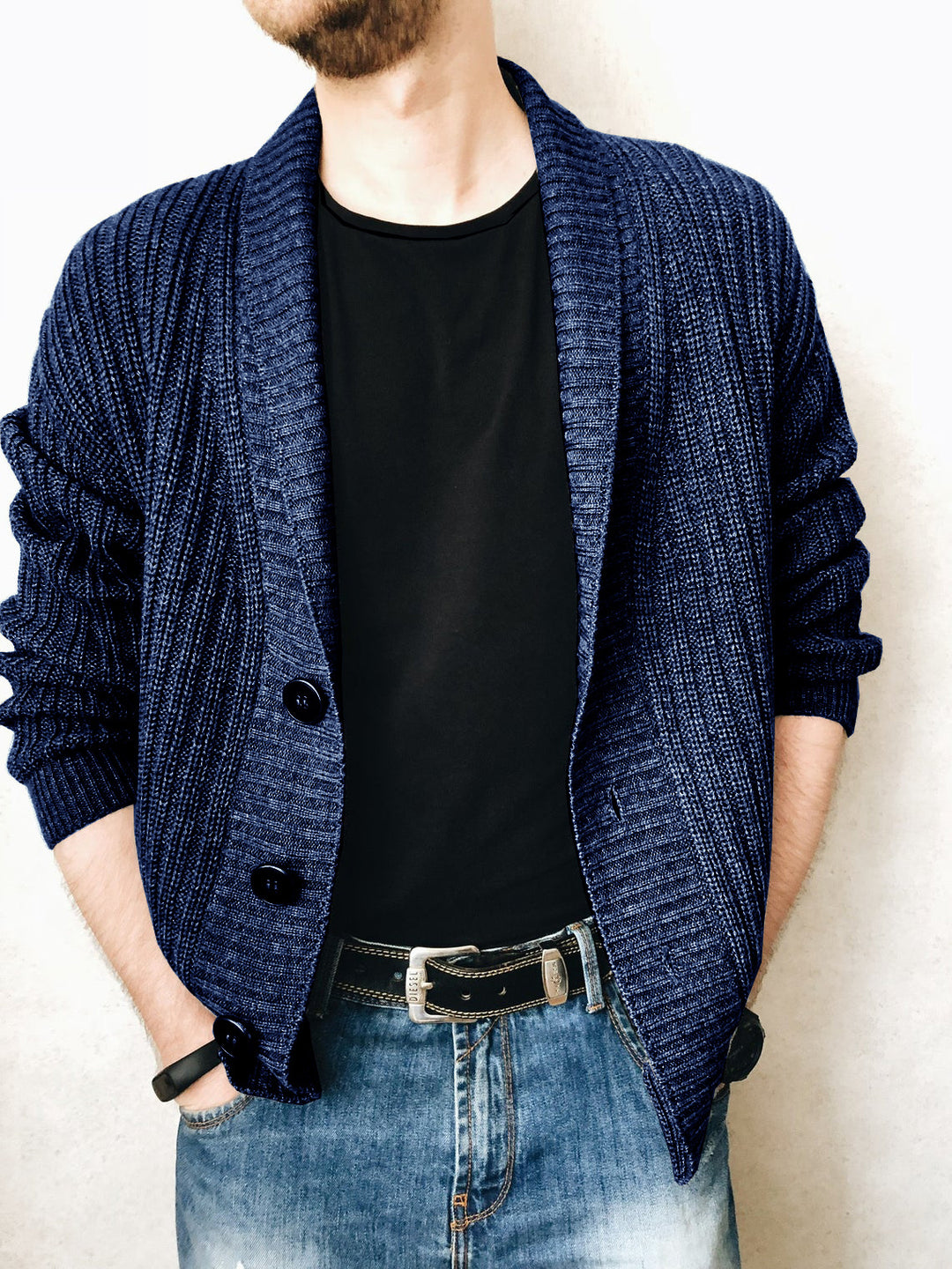 Herren Strickcardigan mit Schalkragen und Knopfleiste Nord Taschen