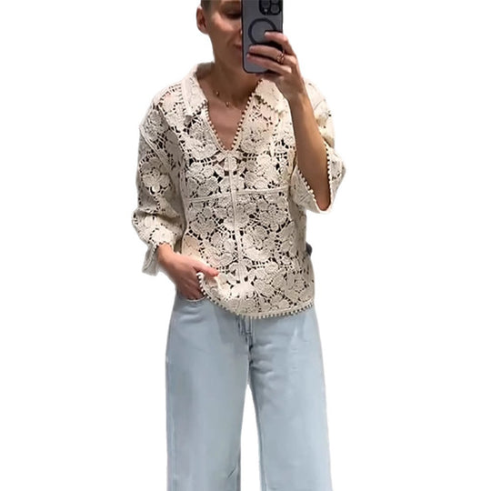 Damen Gehäkelte Bluse mit floralem Ajourmuster und dreiviertel Ärmeln Nord Taschen