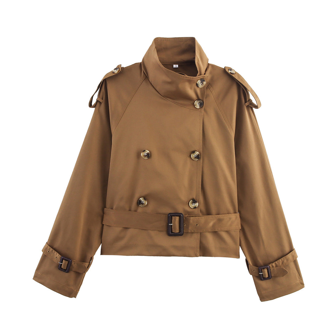 Damen Kurz-Trenchjacke mit Doppelreihe, Stehkragen, Schulterklappen und Taillengürtel Nord Taschen