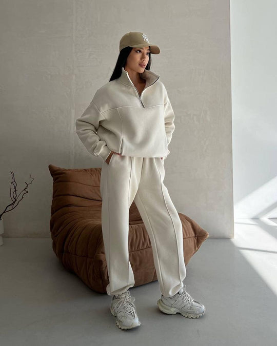 Damen Weiches Oversized Lounge-Set mit Troyer-Kragen, Eingrifftaschen und schmeichelhafter High-Waist Hose Nord Taschen