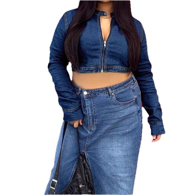 Damen Cropped-Denim-Hoodie mit Reißverschluss und High-Waist Midirock mit Frontschlitz Nord Taschen