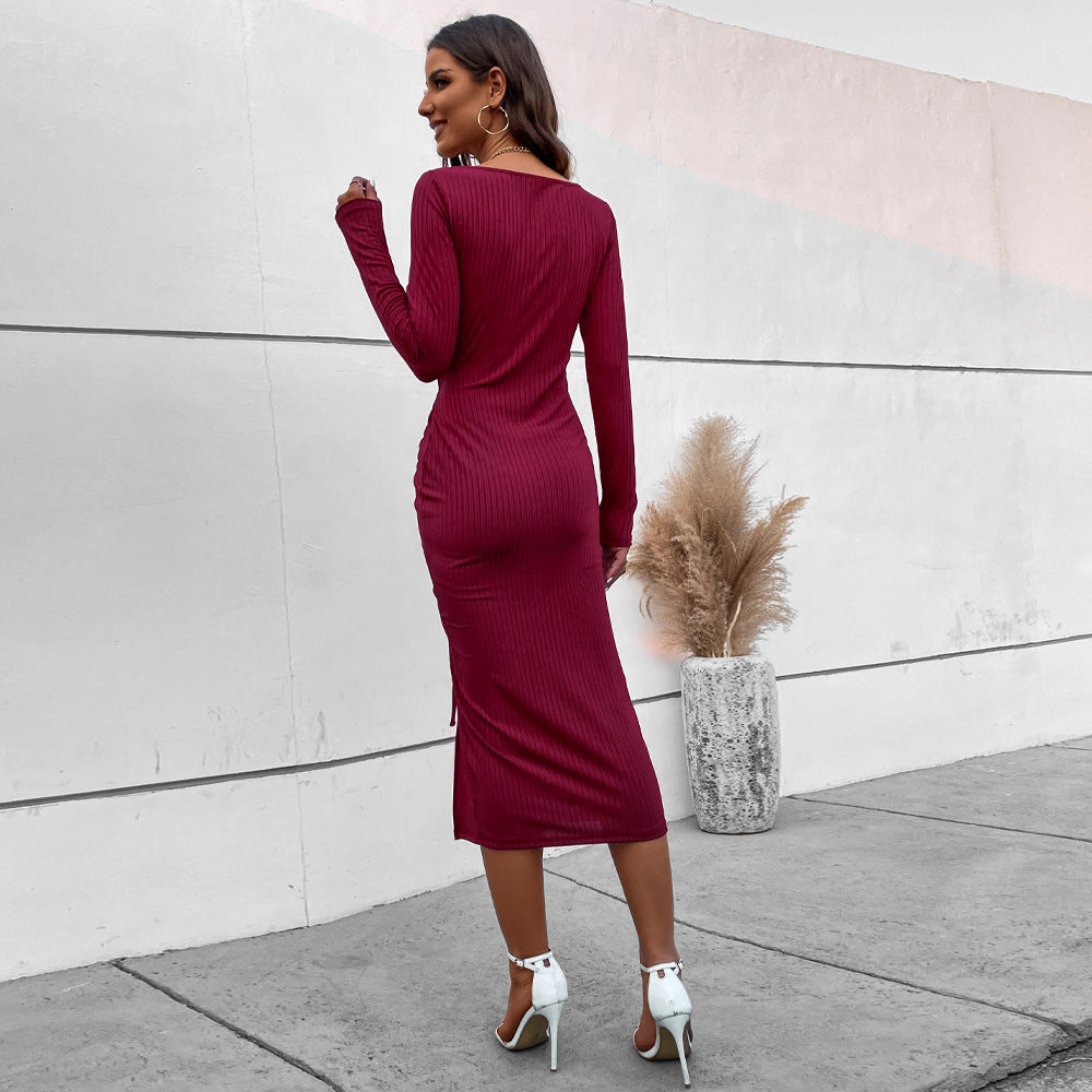 Damen gerafftes Midikleid mit quadratischem Ausschnitt, Knopfleiste und seitlicher Tunnelzug-Schnürung Nord Taschen