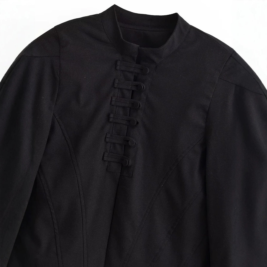 Damen Kurze Taillierte Blousonjacke mit Stehkragen, dekorativen Schlaufen und Teilungsnähten Nord Taschen