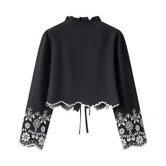Damen Kurz geschnittene bestickte Bolero-Jacke mit Volantkragen und Bindebändern Nord Taschen