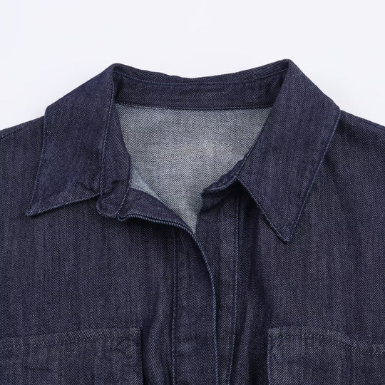 Damen Langes Denim-Hemdblusenkleid mit Taillenband und aufgesetzten Brusttaschen Nord Taschen