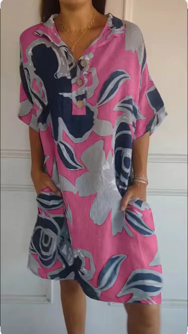 Damen luftiges Strandkleid mit modischem Muster und seitlichen Taschen