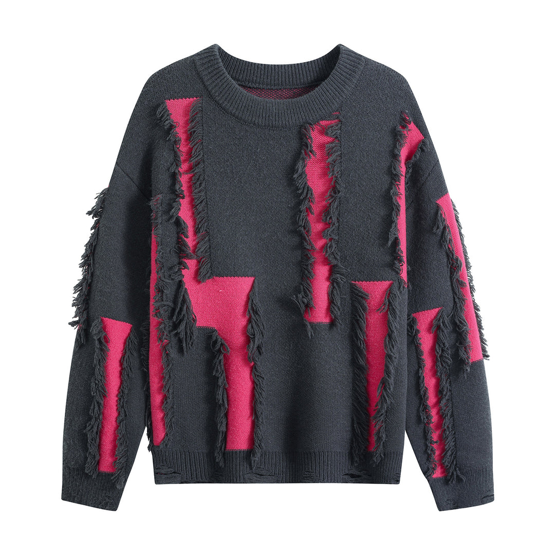 Damen Oversize Strickpullover mit Fransenapplikationen und Destroy-Look Nord Taschen