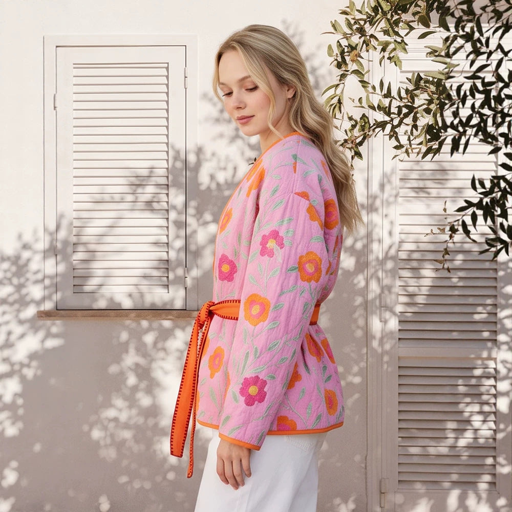 Damen Gestepptes Blumen-Kimono mit Bindegürtel Nord Taschen