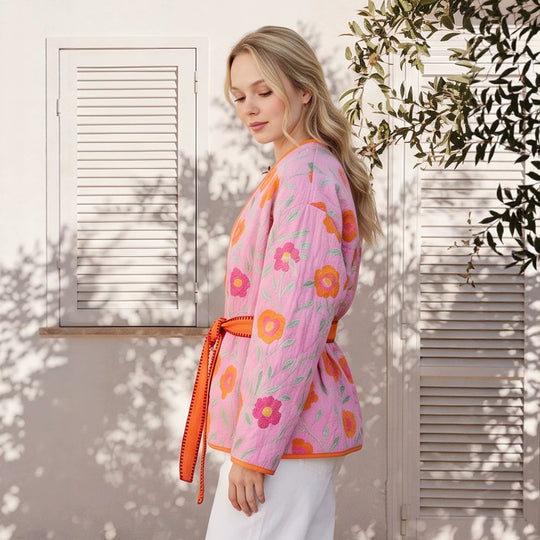 Damen Gestepptes Blumen-Kimono mit Bindegürtel Nord Taschen