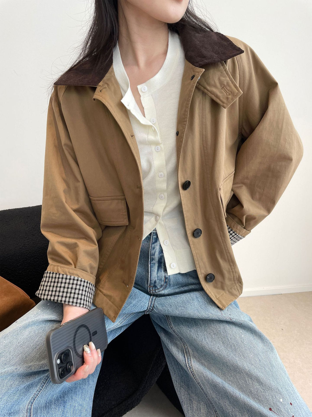 Damen Kurzjacke im Worker-Stil mit Cordkragen und aufgesetzten Pattentaschen Nord Taschen