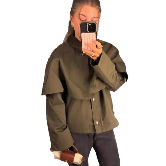 Damen Kurztrenchjacke mit Cape-Overlay und Oversize-Ärmeln Nord Taschen