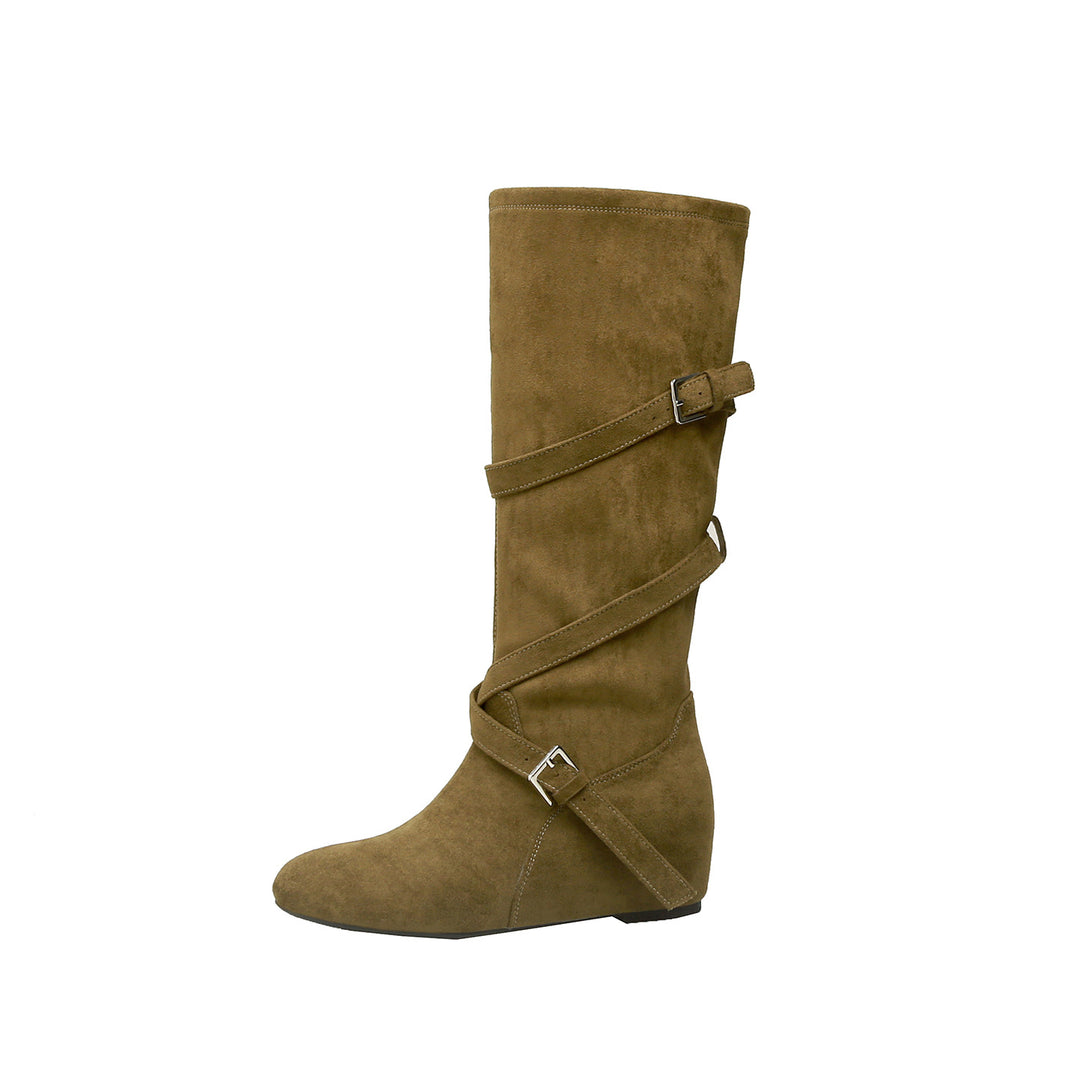 Damen Kniehohe Velourslederstiefel mit Wickelriemen und flachem Keilabsatz Nord Taschen