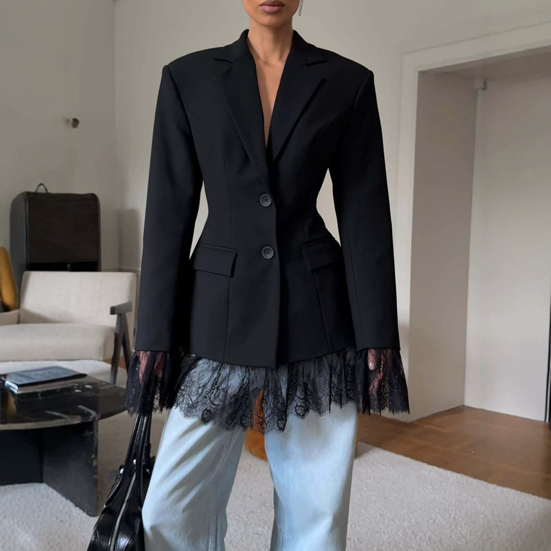 Damen Taillierter Blazer mit Spitzenborte am Saum und Manschetten Nord Taschen