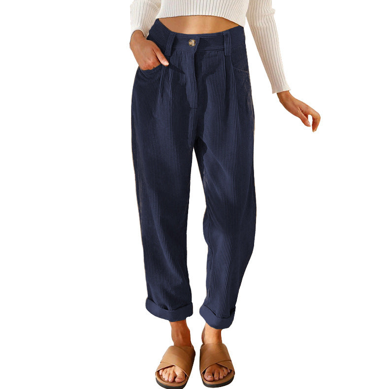 Damen lässige Cordhose mit hoher Taille, lockerer Tapered-Passform und umgeschlagenem Saum Nord Taschen