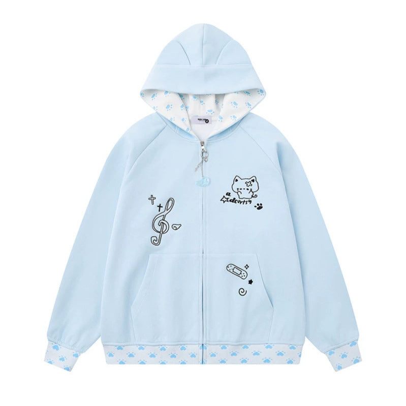 Damen Kapuzenjacke mit Reißverschluss im Casual‑Kawaii‑Stil, Kontrastkapuze, Comic‑Prints und Rippbündchen Nord Taschen