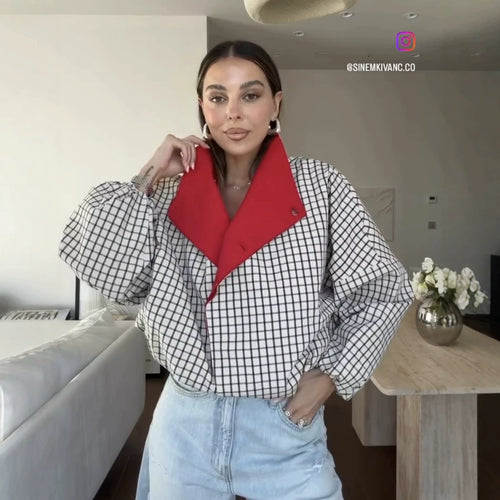Damen Oversize-Bluse mit Stehkragen, karierter Optik und Ballonärmeln Nord Taschen