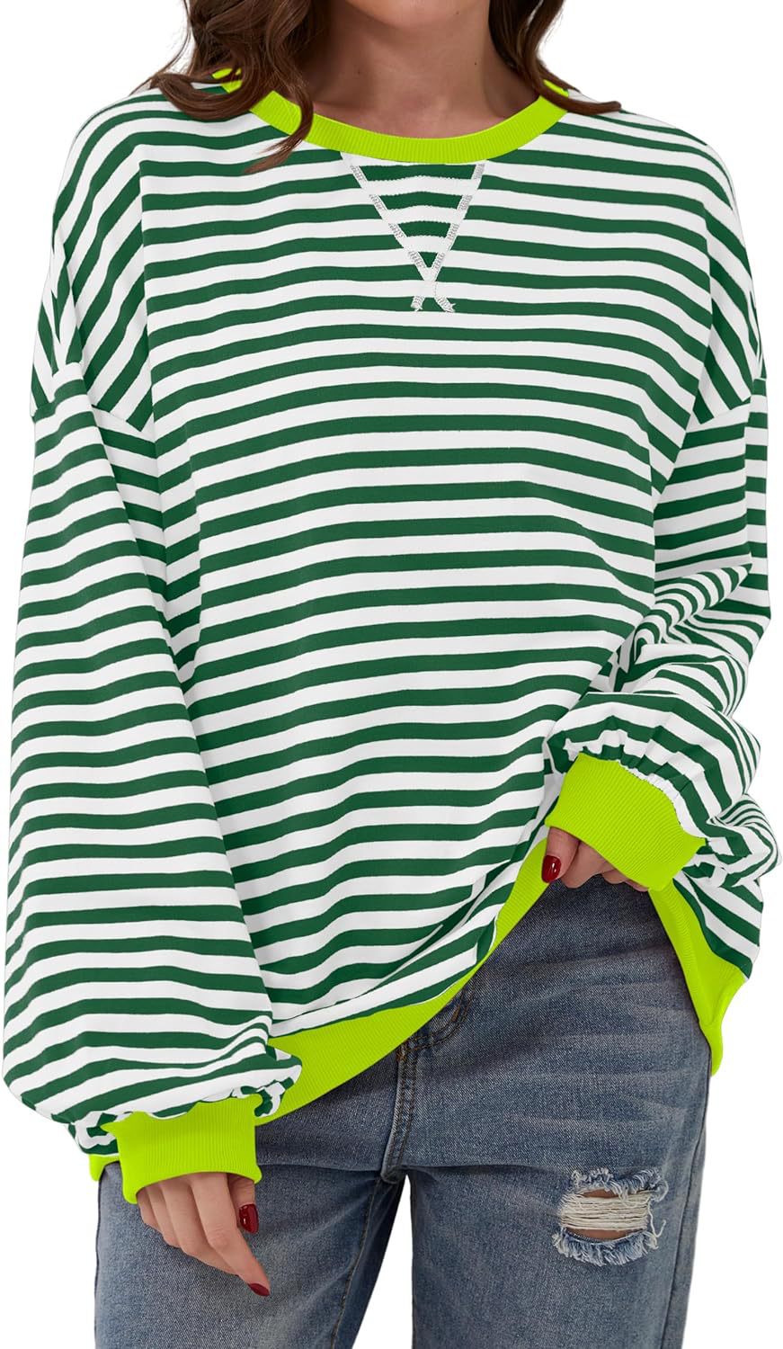 Damen lässiger Oversized Sweatshirt mit bunten Streifen und Kapuzenkordel