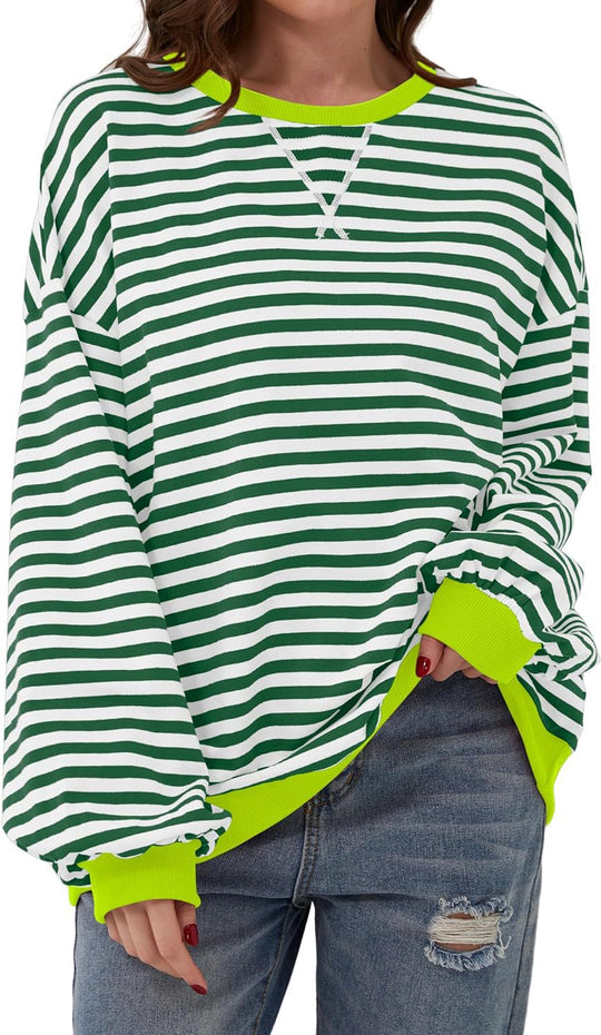 Damen lässiger Oversized Sweatshirt mit bunten Streifen und Kapuzenkordel