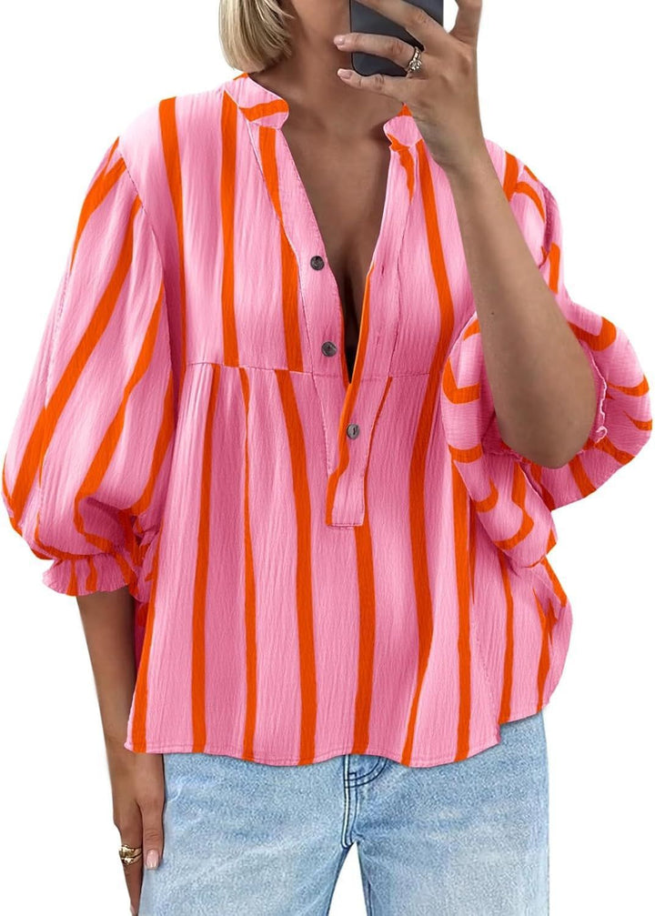 Damen oversize Bluse mit Streifenmuster und Knopfleiste