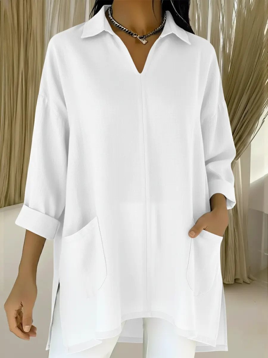 Damen Oversize-Tunika mit Hemdkragen, V-Ausschnitt und aufgesetzten Taschen Nord Taschen