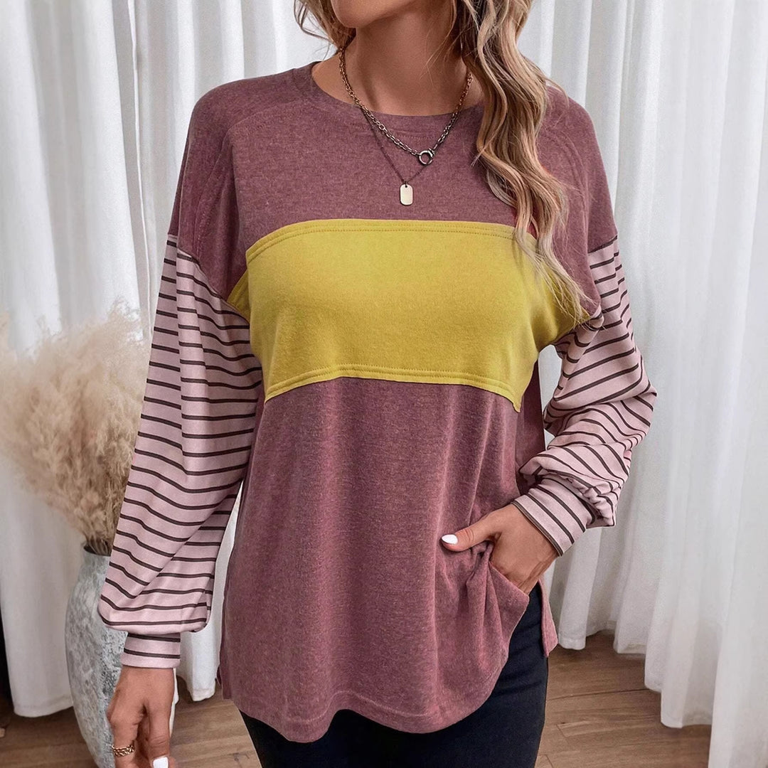 Damen Lockeres Colorblock-Sweatshirt mit gestreiften Ärmeln und Rundhalsausschnitt Nord Taschen