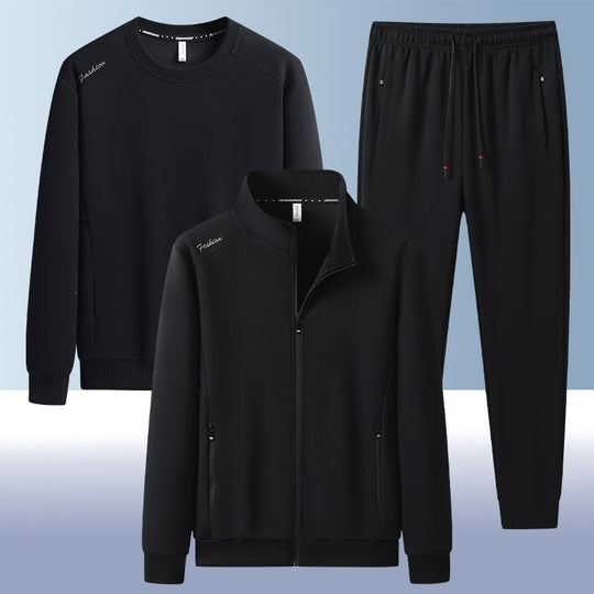 [Herren] Zweiteiliges Trainingsset mit Stehkragen-Zipjacke, Rundhals‑Sweatshirt und konisch geschnittener Jogginghose aus atmungsaktivem Fleece Nord Taschen