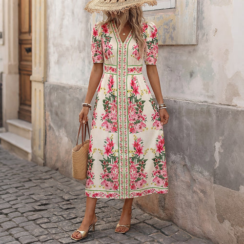Damen Elegantes Blumenkleid mit kurzen Ärmeln Nord Taschen