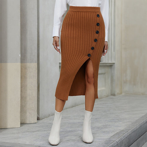 Damen Eleganter Strickrock mit Knopfdetails und Schlitz Nord Taschen