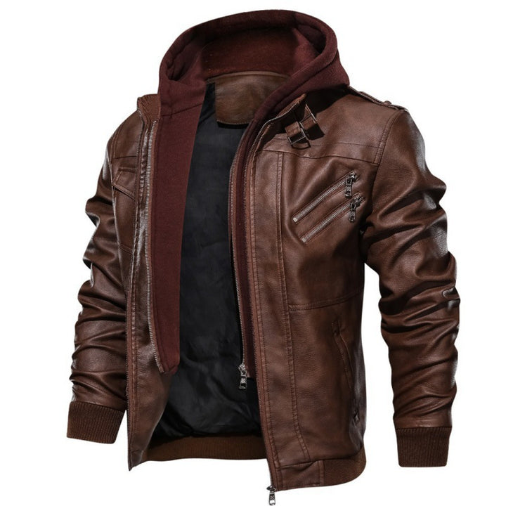 Herren  Kunstleder-Bikerjacke mit abnehmbarer Kapuze, Stehkragen, Schulterpatten und mehrfachen Reißverschlusstaschen Nord Taschen