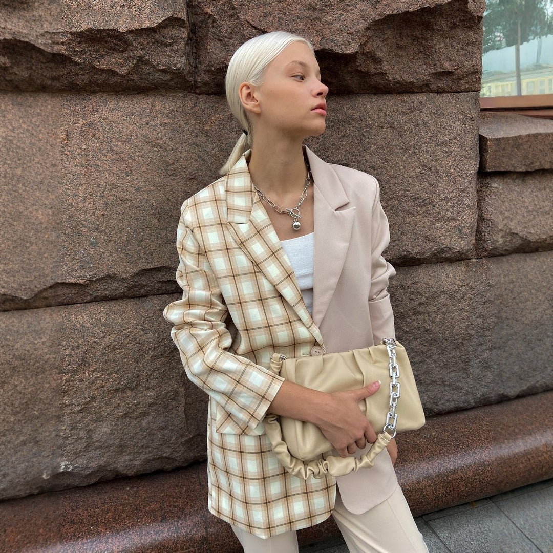 Damen Zweifarbiger Oversize-Blazer mit Karomuster und Reverskragen Nord Taschen