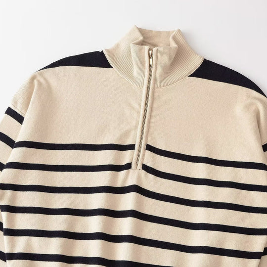 Damen Gestreifter Grobstrickpullover mit halbem Reißverschluss Nord Taschen