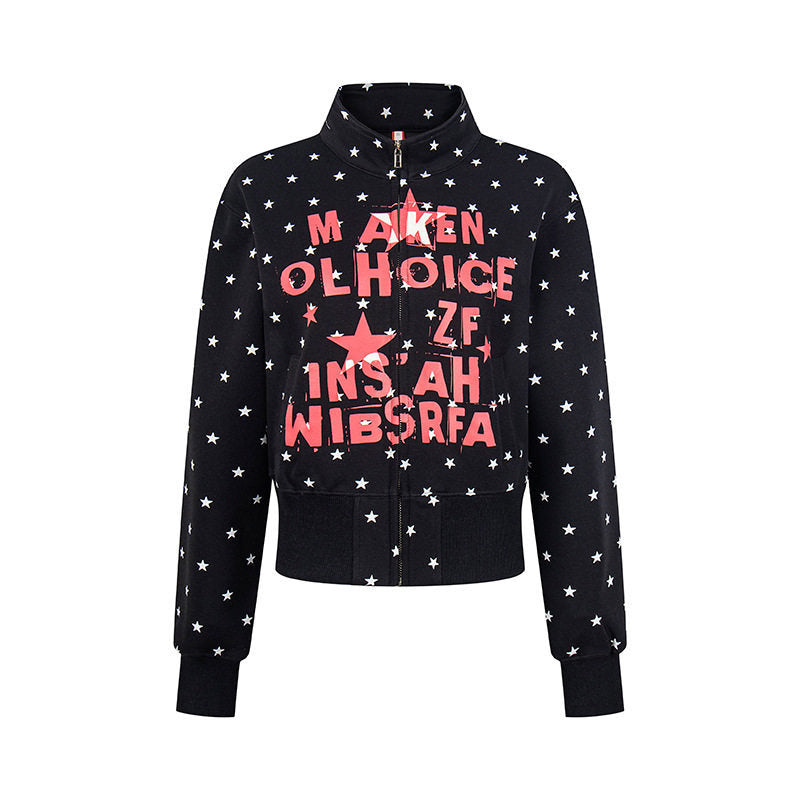 Damen Kurze Reißverschluss-Sweatjacke mit Stehkragen, Allover-Sternprint und Statement-Frontprint Nord Taschen