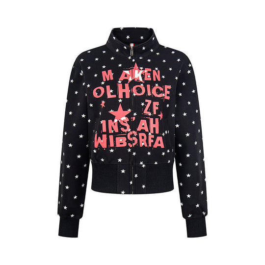 Damen Kurze Reißverschluss-Sweatjacke mit Stehkragen, Allover-Sternprint und Statement-Frontprint Nord Taschen