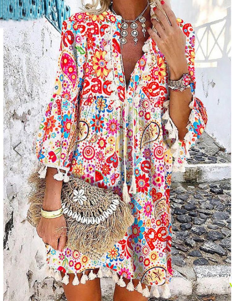 Damen Tunika-Kleid mit verspieltem Paisleymuster und elastischen Ärmeln Nord Taschen