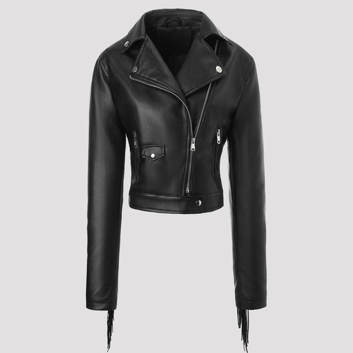 Damen kurze Motorradjacke aus Lederoptik mit Fransenärmeln und asymmetrischem Reißverschluss Nord Taschen