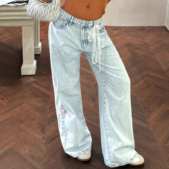 Damen weite High-Waist Denim-Jeanshose mit Spitzenband-Gürtel und ausgestelltem Bein Nord Taschen