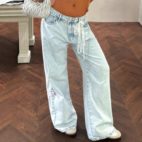 Damen weite High-Waist Denim-Jeanshose mit Spitzenband-Gürtel und ausgestelltem Bein Nord Taschen