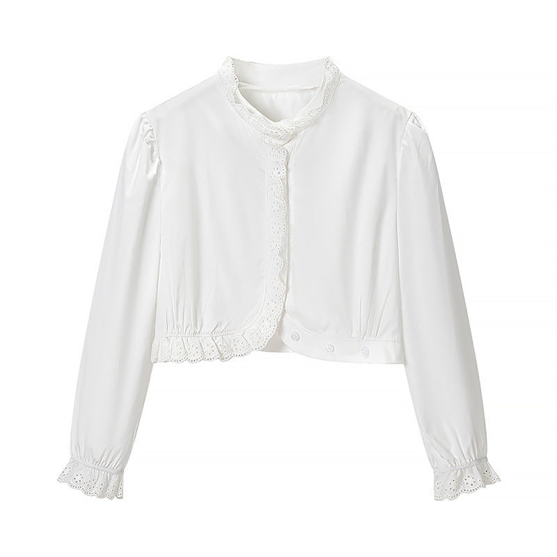 Damen Gekürzte Spitzenbolero‑Bluse mit Stehkragen und Lochstickerei Nord Taschen