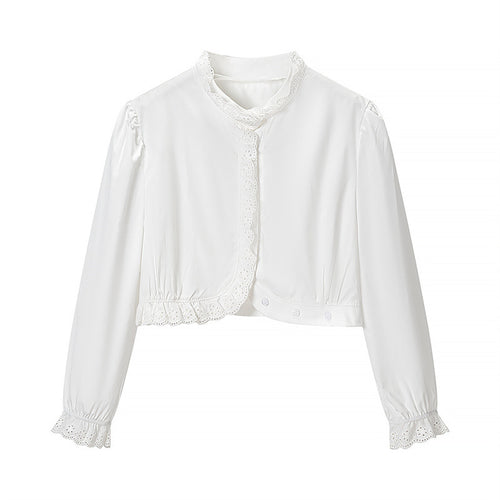 Damen Gekürzte Spitzenbolero‑Bluse mit Stehkragen und Lochstickerei Nord Taschen