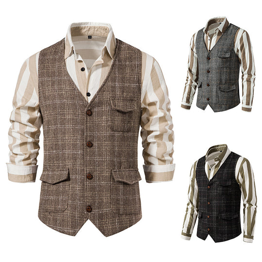 Herren kariertes Wollmix Gilet mit Brusttasche und aufgesetzten Seitentaschen Nord Taschen